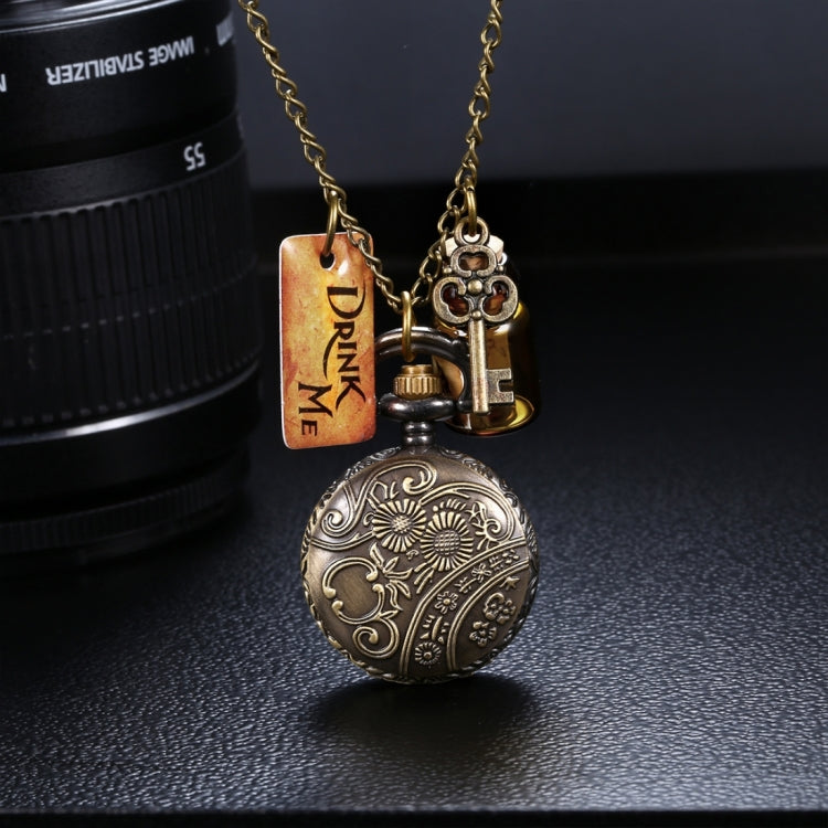 JIANGYUYAN Round Dial Bronze Pattern Retro Key Wishing Bottle Adornment Quartz Pocket Watch with Alloy Chain