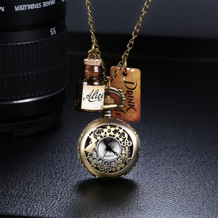 JIANGYUYAN Round Dial Bronze Pattern Retro Key Wishing Bottle Adornment Quartz Pocket Watch with Alloy Chain