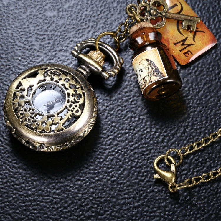 JIANGYUYAN Round Dial Bronze Pattern Retro Key Wishing Bottle Adornment Quartz Pocket Watch with Alloy Chain