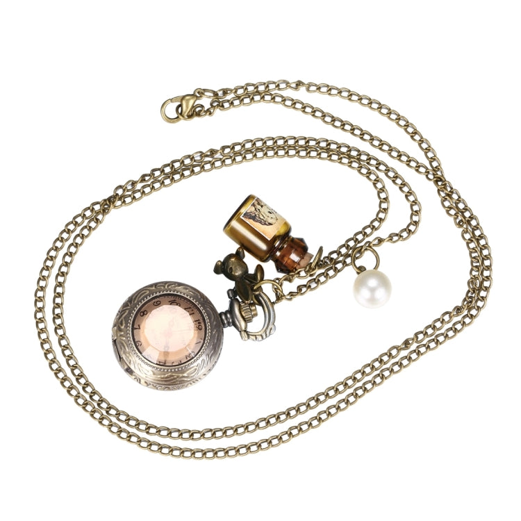 JIANGYUYAN Round Dial Bronze Pattern Retro Peter Rabbit Header Wishing Bottle Pearls Quartz Pocket Watch with Alloy Chain