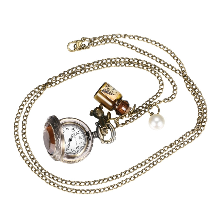 JIANGYUYAN Round Dial Bronze Pattern Retro Peter Rabbit Header Wishing Bottle Pearls Quartz Pocket Watch with Alloy Chain