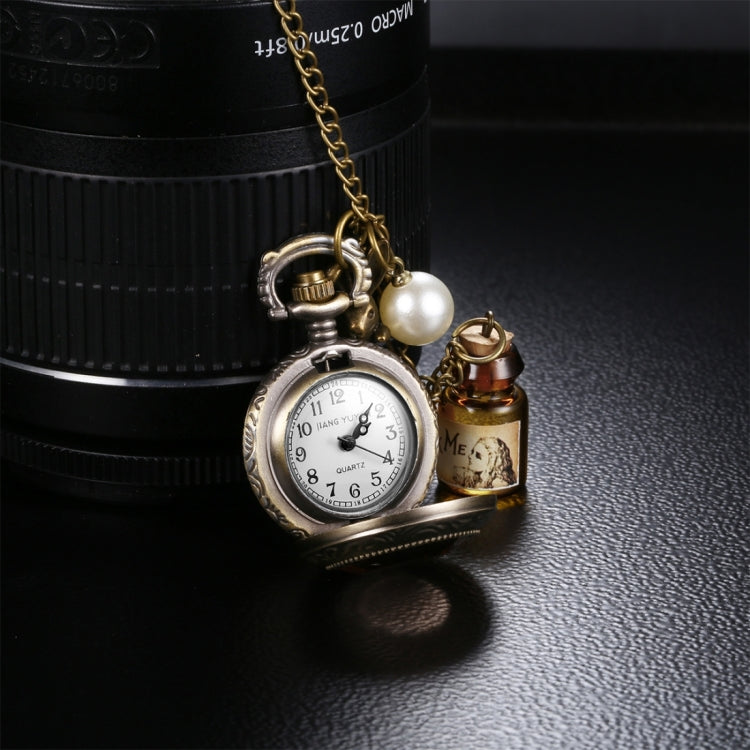JIANGYUYAN Round Dial Bronze Pattern Retro Peter Rabbit Header Wishing Bottle Pearls Quartz Pocket Watch with Alloy Chain