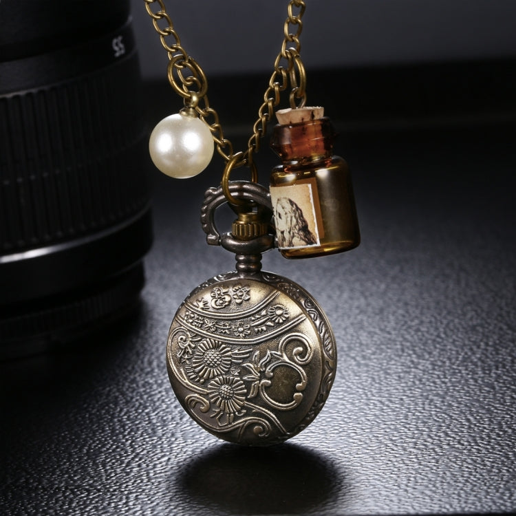 JIANGYUYAN Round Dial Bronze Pattern Retro Peter Rabbit Header Wishing Bottle Pearls Quartz Pocket Watch with Alloy Chain