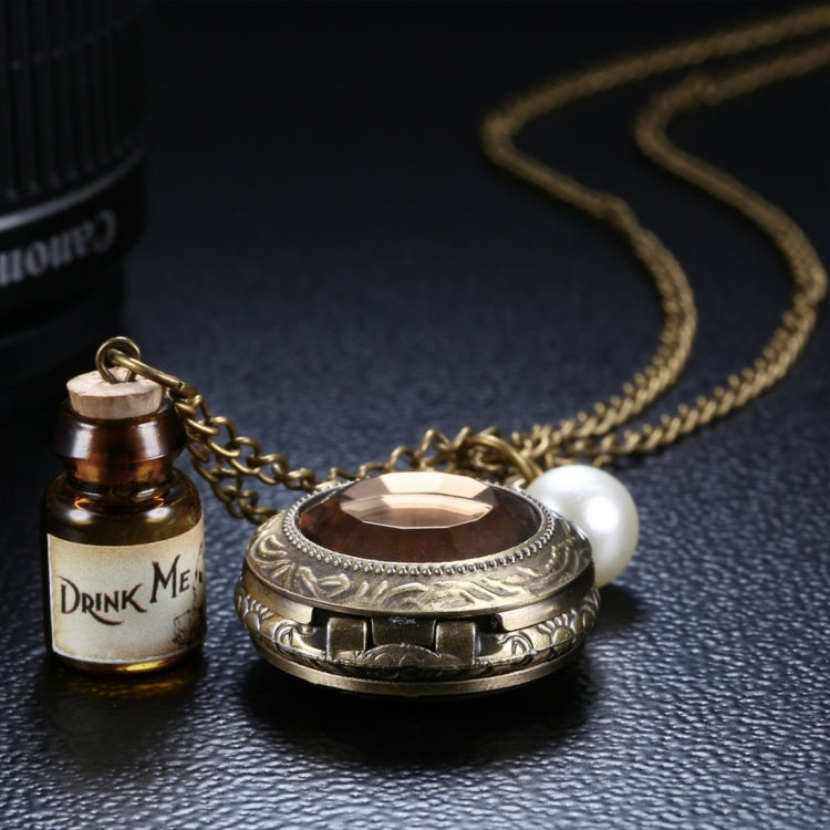 JIANGYUYAN Round Dial Bronze Pattern Retro Peter Rabbit Header Wishing Bottle Pearls Quartz Pocket Watch with Alloy Chain