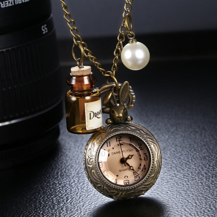 JIANGYUYAN Round Dial Bronze Pattern Retro Peter Rabbit Header Wishing Bottle Pearls Quartz Pocket Watch with Alloy Chain