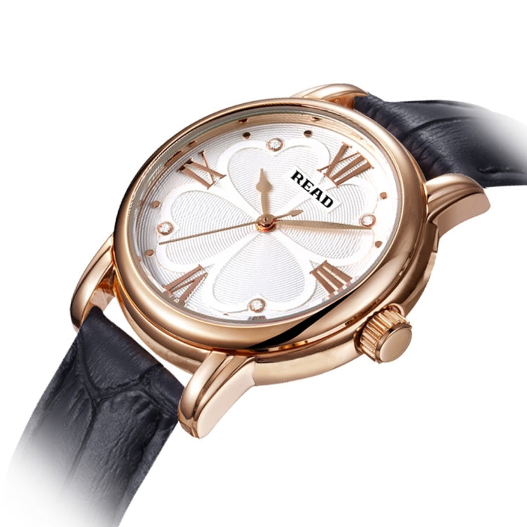 READ Roman Number Scale Four Leaf Clover Dial Design Quartz Women Watch with Genuine Leather Band