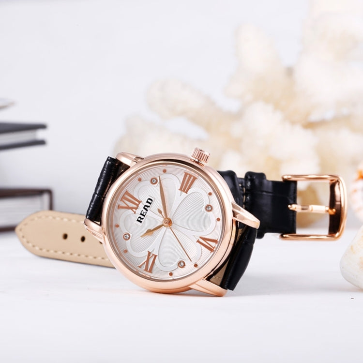 READ Roman Number Scale Four Leaf Clover Dial Design Quartz Women Watch with Genuine Leather Band