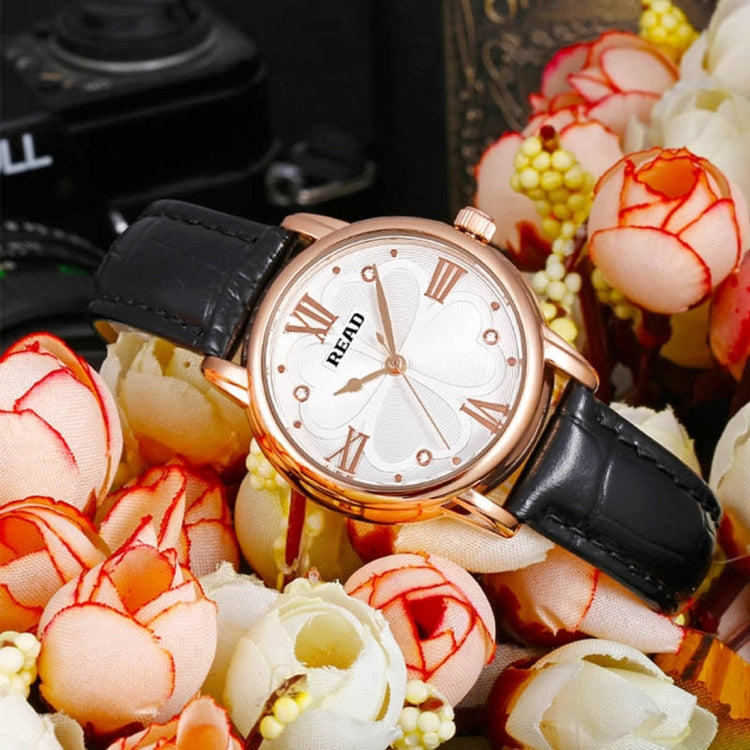 READ Roman Number Scale Four Leaf Clover Dial Design Quartz Women Watch with Genuine Leather Band