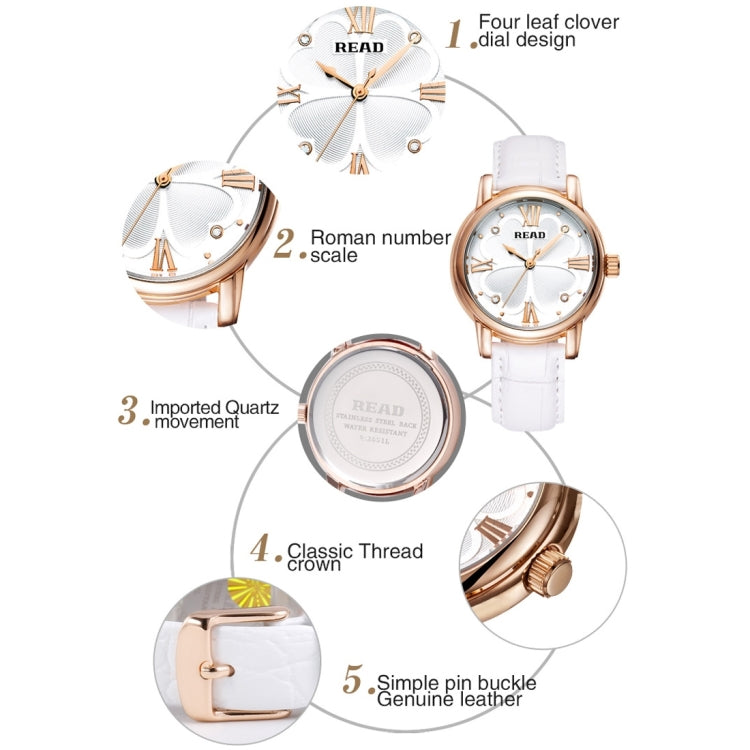 READ Roman Number Scale Four Leaf Clover Dial Design Quartz Women Watch with Genuine Leather Band