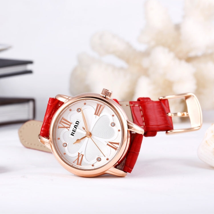 READ Roman Number Scale Four Leaf Clover Dial Design Quartz Women Watch with Genuine Leather Band