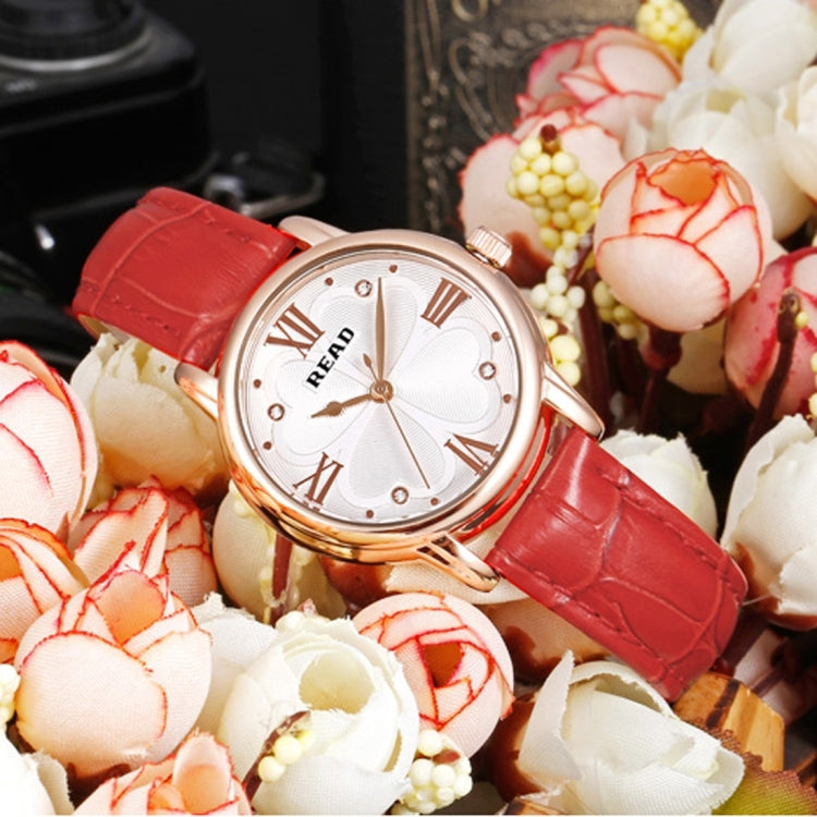READ Roman Number Scale Four Leaf Clover Dial Design Quartz Women Watch with Genuine Leather Band