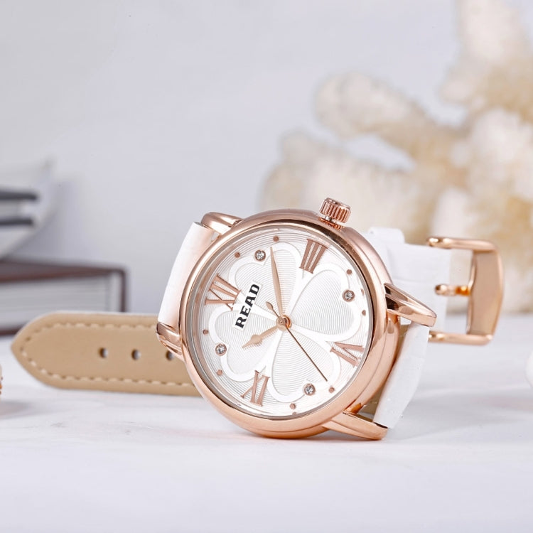 READ Roman Number Scale Four Leaf Clover Dial Design Quartz Women Watch with Genuine Leather Band