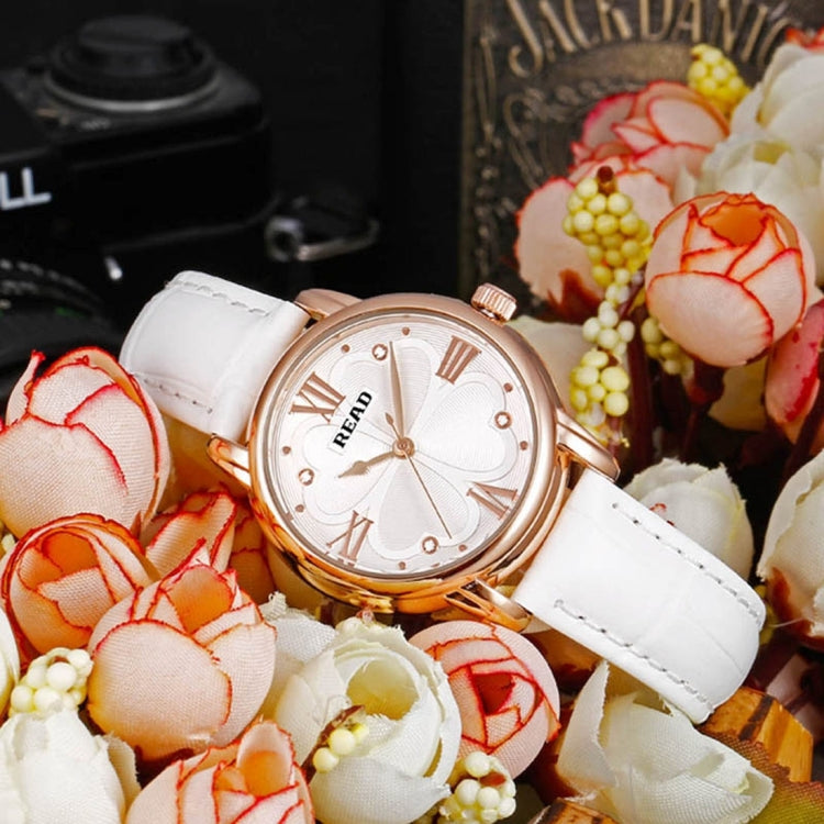 READ Roman Number Scale Four Leaf Clover Dial Design Quartz Women Watch with Genuine Leather Band