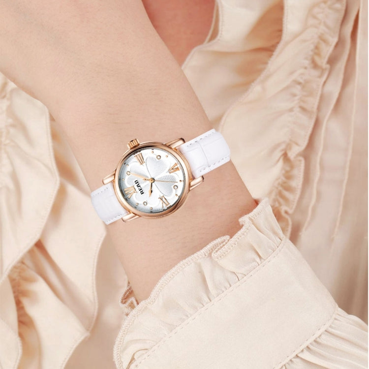 READ Roman Number Scale Four Leaf Clover Dial Design Quartz Women Watch with Genuine Leather Band