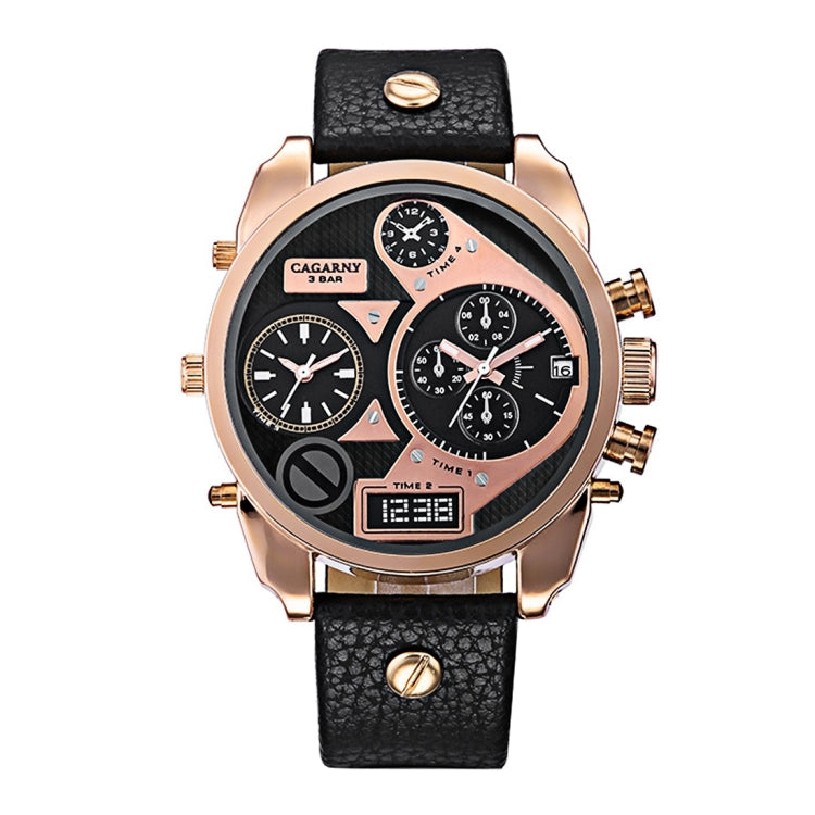 CAGARNY 6822 Fashionable Concise Style Large Dial Dual Clock Rose Gold Case Quartz Movement Wrist Watch with Leather Band & GMT Time & Calendar Functions for Men