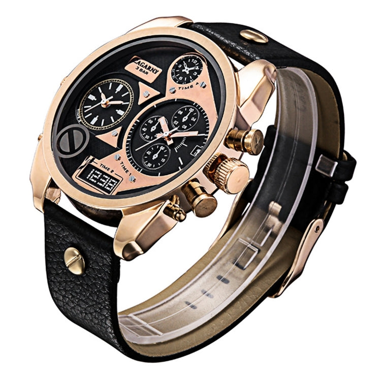 CAGARNY 6822 Fashionable Concise Style Large Dial Dual Clock Rose Gold Case Quartz Movement Wrist Watch with Leather Band & GMT Time & Calendar Functions for Men