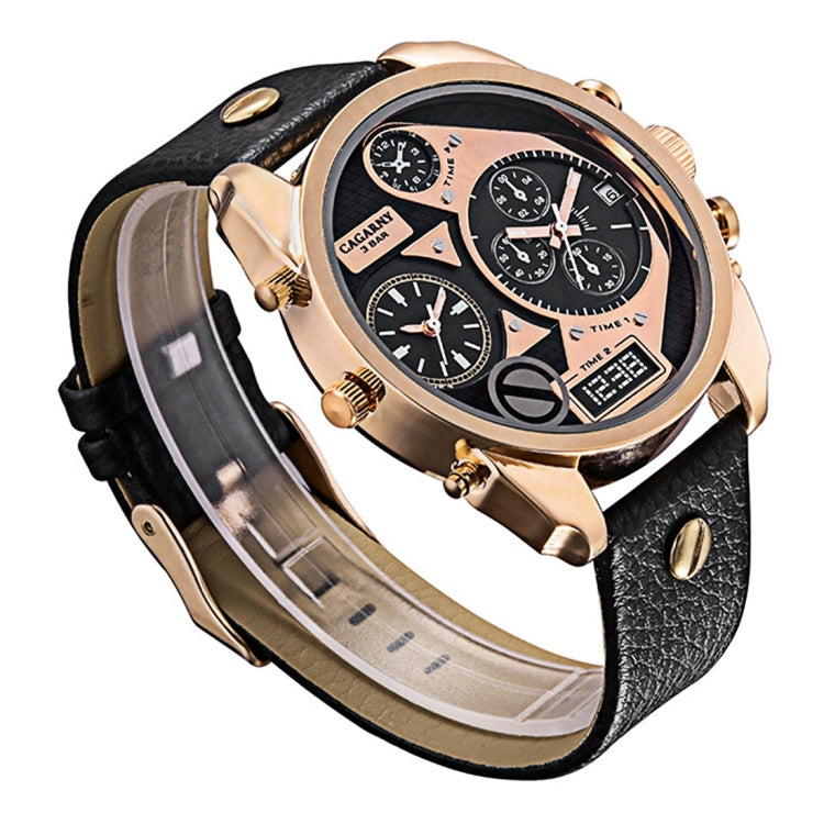 CAGARNY 6822 Fashionable Concise Style Large Dial Dual Clock Rose Gold Case Quartz Movement Wrist Watch with Leather Band & GMT Time & Calendar Functions for Men