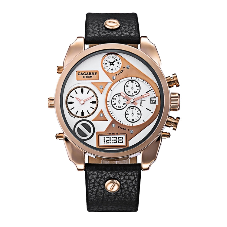 CAGARNY 6822 Fashionable Concise Style Large Dial Dual Clock Rose Gold Case Quartz Movement Wrist Watch with Leather Band & GMT Time & Calendar Functions for Men