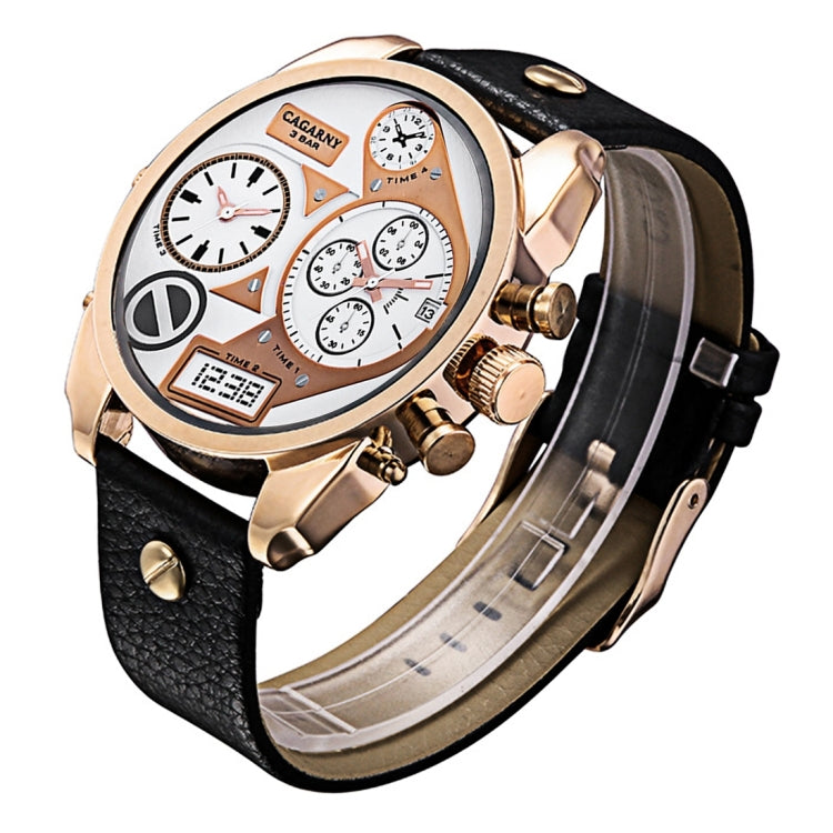 CAGARNY 6822 Fashionable Concise Style Large Dial Dual Clock Rose Gold Case Quartz Movement Wrist Watch with Leather Band & GMT Time & Calendar Functions for Men