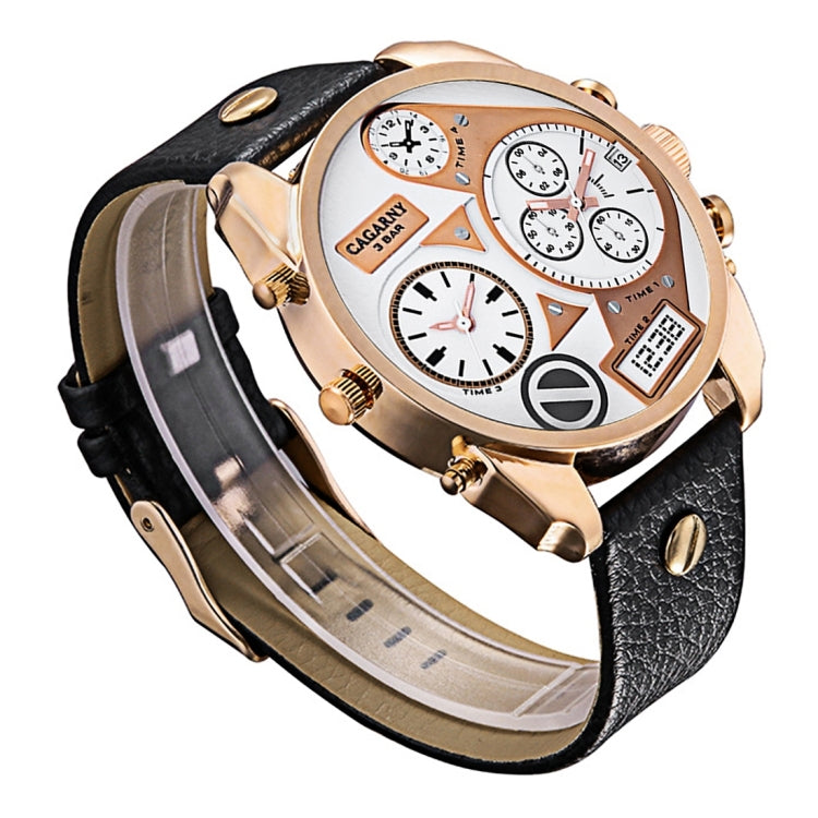 CAGARNY 6822 Fashionable Concise Style Large Dial Dual Clock Rose Gold Case Quartz Movement Wrist Watch with Leather Band & GMT Time & Calendar Functions for Men