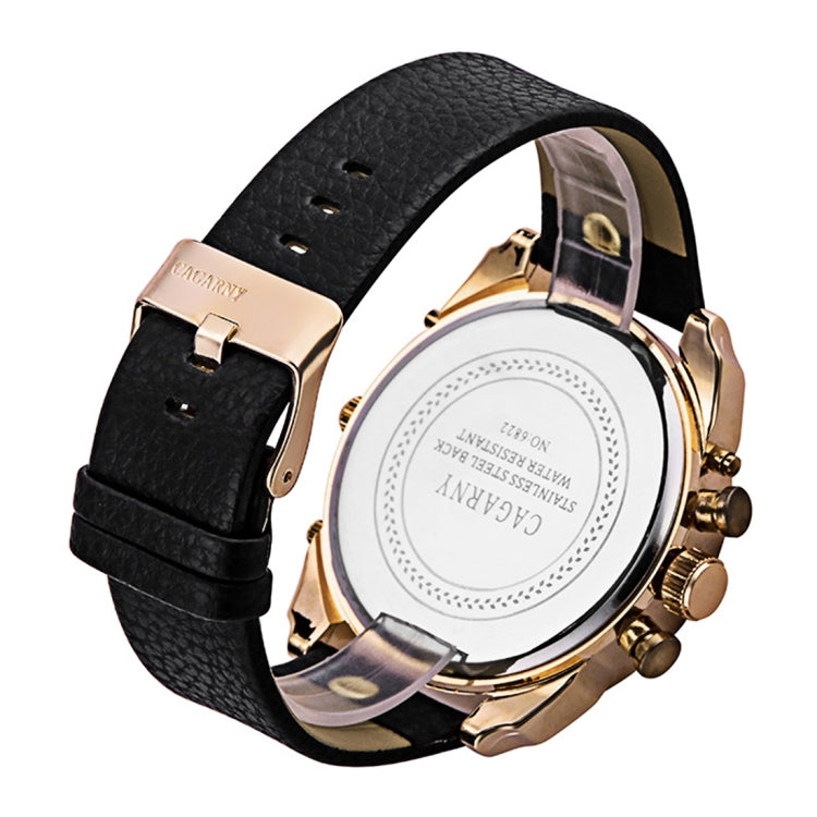 CAGARNY 6822 Fashionable Concise Style Large Dial Dual Clock Rose Gold Case Quartz Movement Wrist Watch with Leather Band & GMT Time & Calendar Functions for Men