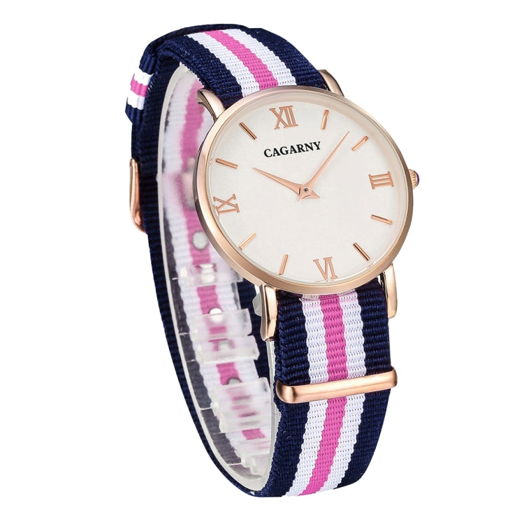 CAGARNY 6813 Fashionable Ultra Thin Rose Gold Case Quartz Wrist Watch with 5 Stripes Nylon Band for Women