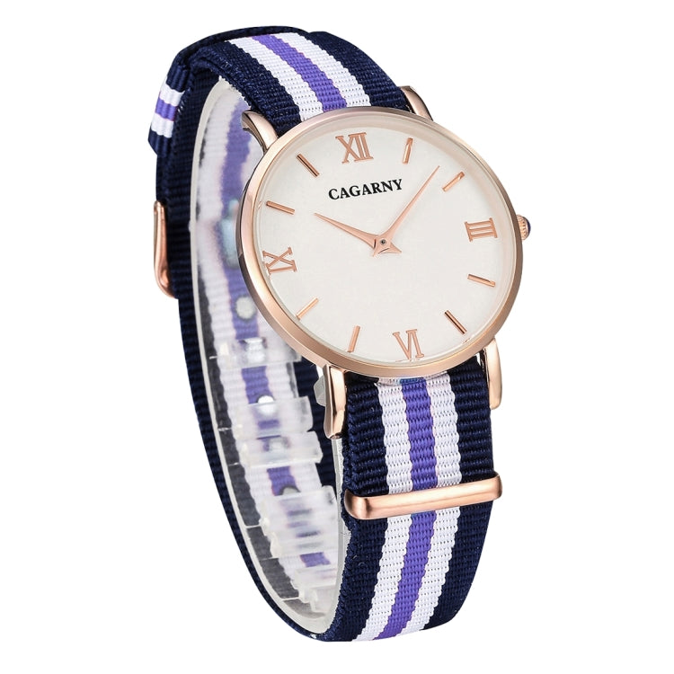 CAGARNY 6813 Fashionable Ultra Thin Rose Gold Case Quartz Wrist Watch with 5 Stripes Nylon Band for Women