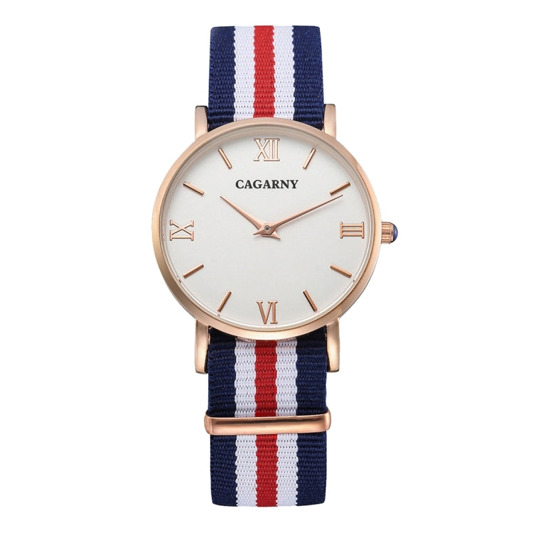 CAGARNY 6813 Fashionable Ultra Thin Rose Gold Case Quartz Wrist Watch with 5 Stripes Nylon Band for Women