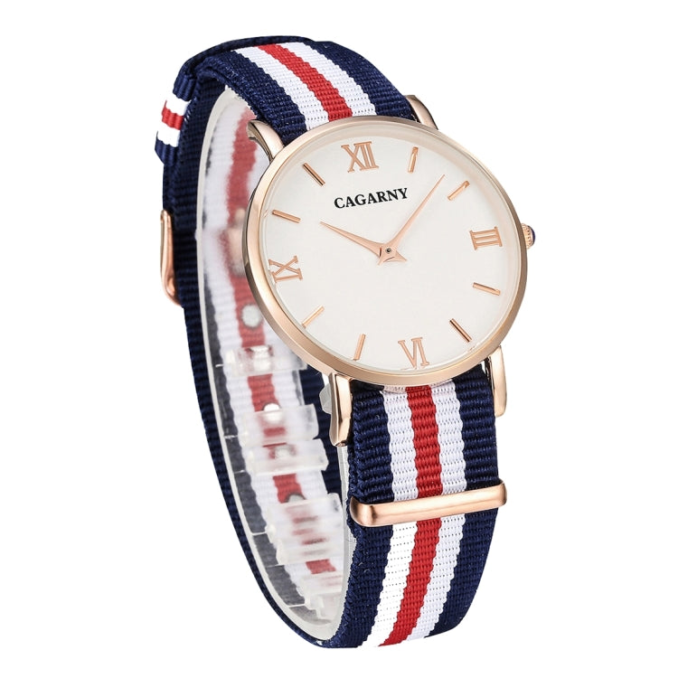 CAGARNY 6813 Fashionable Ultra Thin Rose Gold Case Quartz Wrist Watch with 5 Stripes Nylon Band for Women