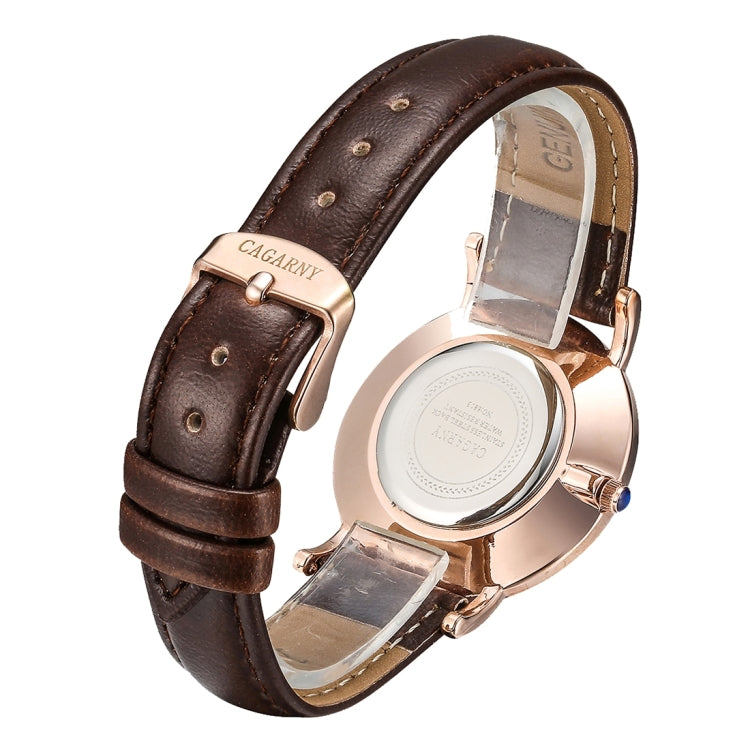 CAGARNY 6813 Concise Style Ultra Thin Rose Gold Case Quartz Wrist Watch with Leather Band for Women