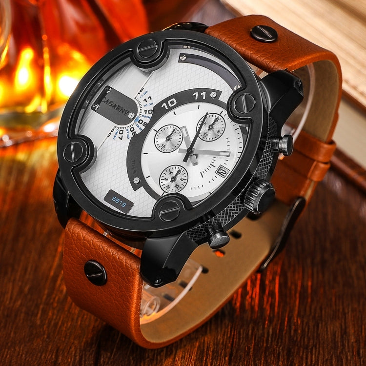 CAGARNY 6819 Fashionable Multifunctional Dual Time Zone Quartz Business Sport Wrist Watch with Leather Band & GMT Time & Calendar & Luminous Display for Men