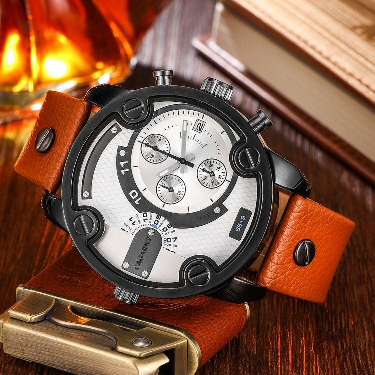 CAGARNY 6819 Fashionable Multifunctional Dual Time Zone Quartz Business Sport Wrist Watch with Leather Band & GMT Time & Calendar & Luminous Display for Men