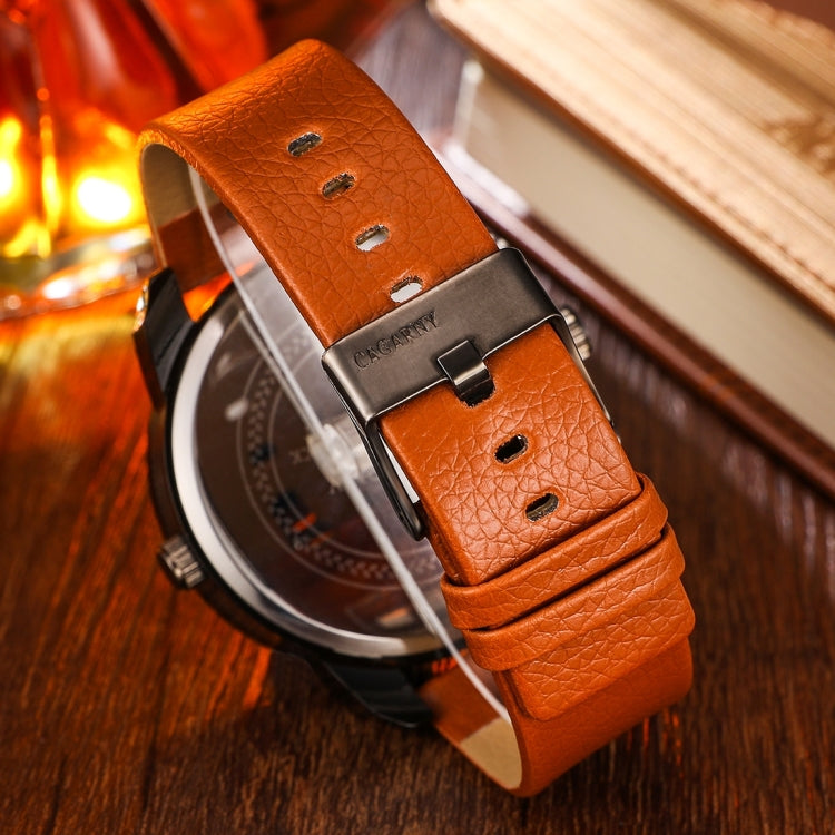 CAGARNY 6819 Fashionable Multifunctional Dual Time Zone Quartz Business Sport Wrist Watch with Leather Band & GMT Time & Calendar & Luminous Display for Men