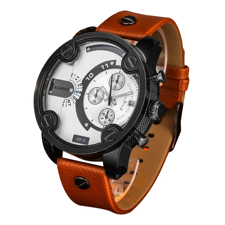 CAGARNY 6819 Fashionable Multifunctional Dual Time Zone Quartz Business Sport Wrist Watch with Leather Band & GMT Time & Calendar & Luminous Display for Men