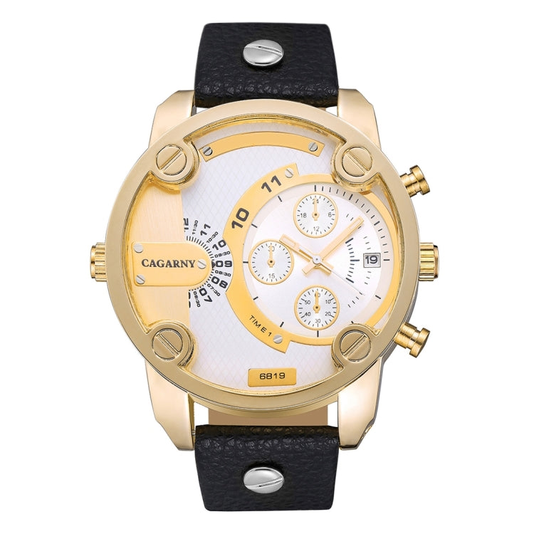 CAGARNY 6819 Fashionable Multifunctional Dual Time Zone Quartz Business Sport Wrist Watch with Leather Band & GMT Time & Calendar & Luminous Display for Men