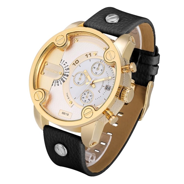 CAGARNY 6819 Fashionable Multifunctional Dual Time Zone Quartz Business Sport Wrist Watch with Leather Band & GMT Time & Calendar & Luminous Display for Men