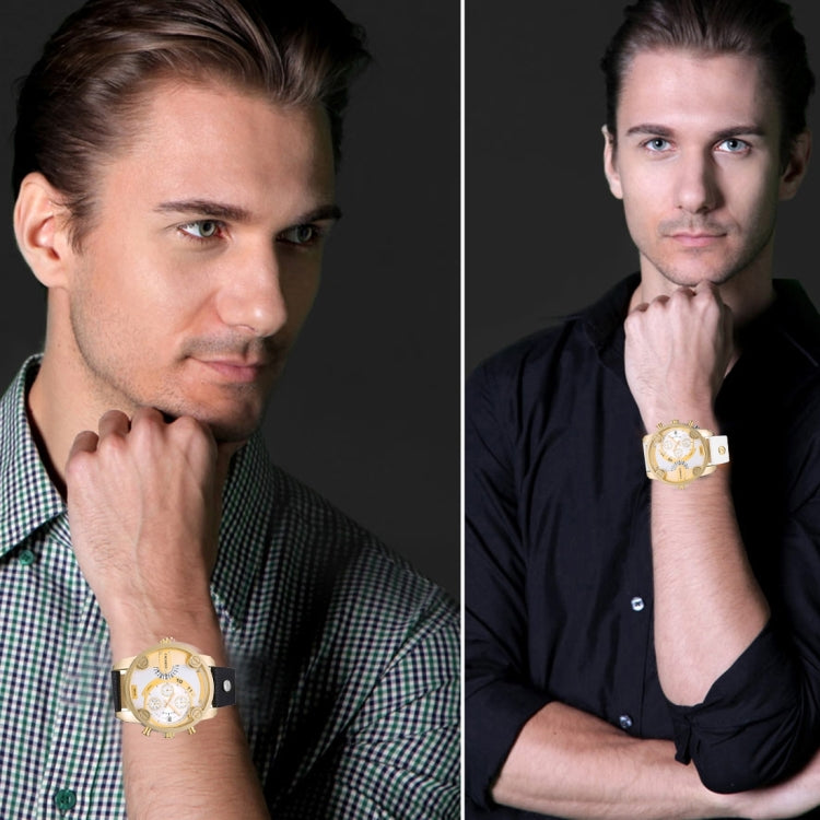 CAGARNY 6819 Fashionable Multifunctional Dual Time Zone Quartz Business Sport Wrist Watch with Leather Band & GMT Time & Calendar & Luminous Display for Men