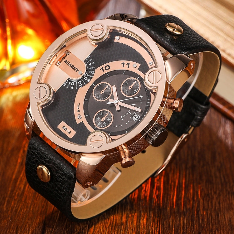 CAGARNY 6819 Fashionable Multifunctional Dual Time Zone Quartz Business Sport Wrist Watch with Leather Band & GMT Time & Calendar & Luminous Display for Men