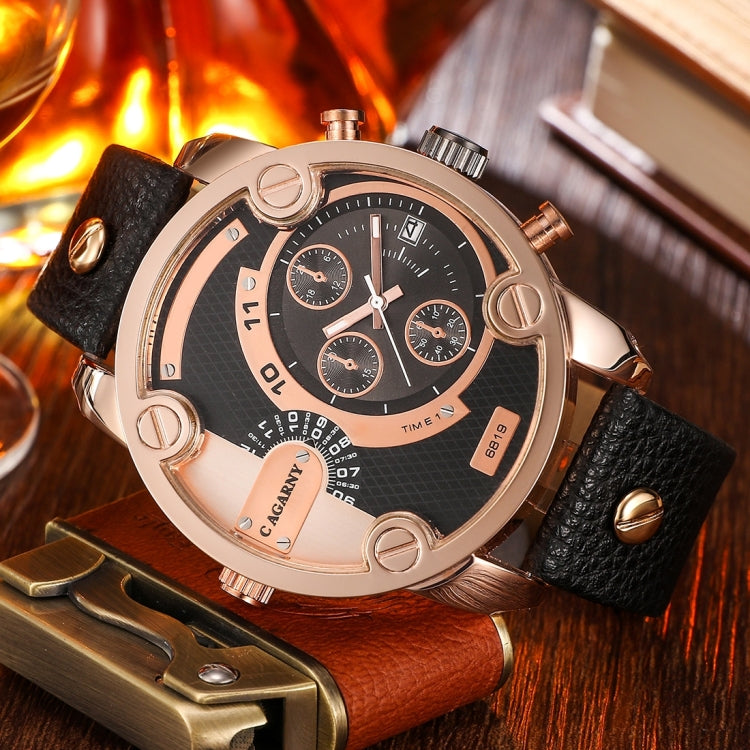 CAGARNY 6819 Fashionable Multifunctional Dual Time Zone Quartz Business Sport Wrist Watch with Leather Band & GMT Time & Calendar & Luminous Display for Men