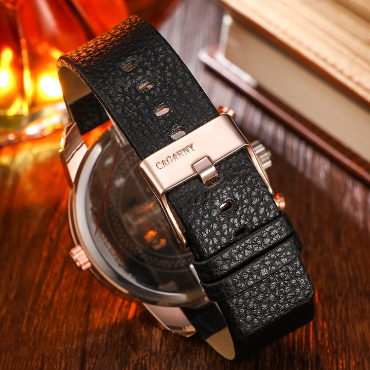 CAGARNY 6819 Fashionable Multifunctional Dual Time Zone Quartz Business Sport Wrist Watch with Leather Band & GMT Time & Calendar & Luminous Display for Men