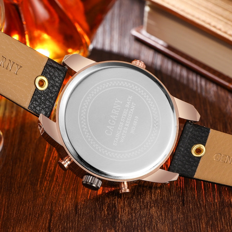 CAGARNY 6819 Fashionable Multifunctional Dual Time Zone Quartz Business Sport Wrist Watch with Leather Band & GMT Time & Calendar & Luminous Display for Men