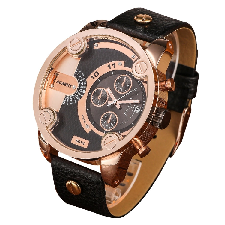 CAGARNY 6819 Fashionable Multifunctional Dual Time Zone Quartz Business Sport Wrist Watch with Leather Band & GMT Time & Calendar & Luminous Display for Men