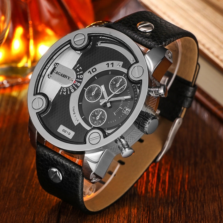 CAGARNY 6819 Fashionable Multifunctional Dual Time Zone Quartz Business Sport Wrist Watch with Leather Band & GMT Time & Calendar & Luminous Display for Men