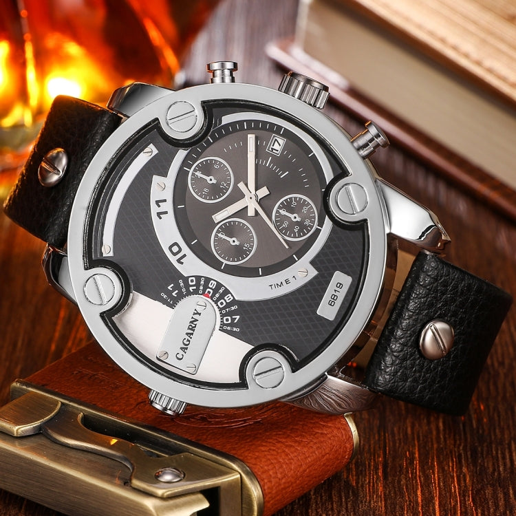 CAGARNY 6819 Fashionable Multifunctional Dual Time Zone Quartz Business Sport Wrist Watch with Leather Band & GMT Time & Calendar & Luminous Display for Men