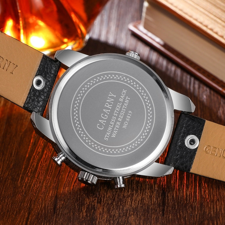 CAGARNY 6819 Fashionable Multifunctional Dual Time Zone Quartz Business Sport Wrist Watch with Leather Band & GMT Time & Calendar & Luminous Display for Men