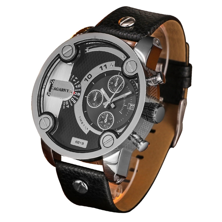 CAGARNY 6819 Fashionable Multifunctional Dual Time Zone Quartz Business Sport Wrist Watch with Leather Band & GMT Time & Calendar & Luminous Display for Men