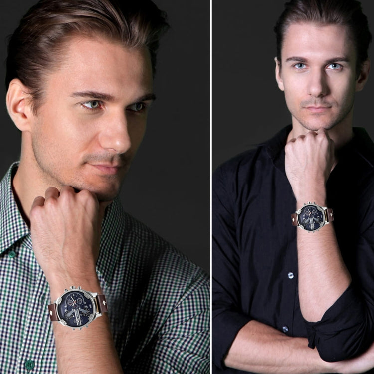 CAGARNY 6820 Fashionable Multifunctional Style Quartz Business Sport Wrist Watch with Leather Band & GMT Time & Calendar & Luminous Display for Men