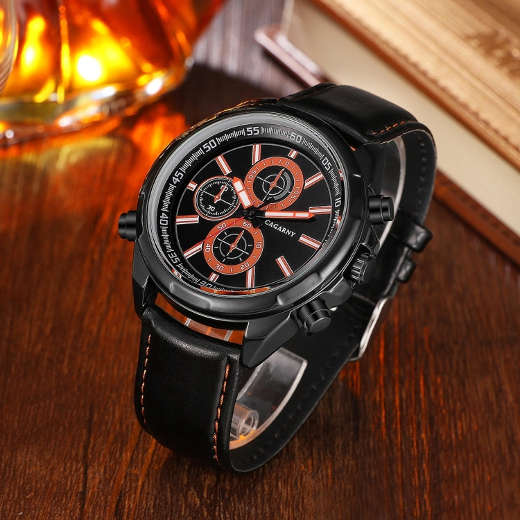 CAGARNY 6825 Fashionable  Quartz Business Sport Wrist Watch with Leather Band & 24-hour Indication Function for Men(Rrange Needle)