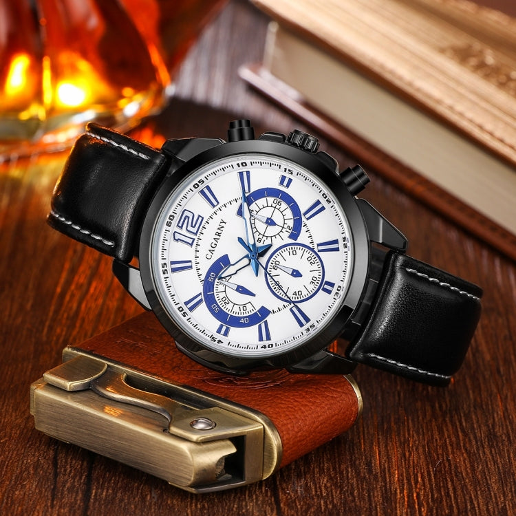 CAGARNY 6826 Fashionable  Quartz Business Sport Wrist Watch with Leather Band & 24-hour Indication & Calendar Function for Men(White Window Blue Scale)