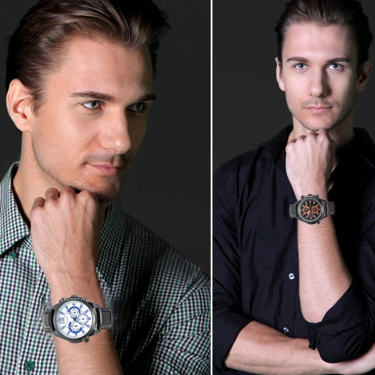 CAGARNY 6826 Fashionable  Quartz Business Sport Wrist Watch with Leather Band & 24-hour Indication & Calendar Function for Men(White Window Blue Scale)
